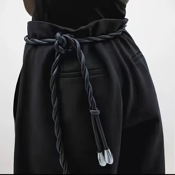 Chic Vegan Glove Tanned Soft Vegan Leather Tie Waist Classy Black Rope Belt - Picture 2 of 7